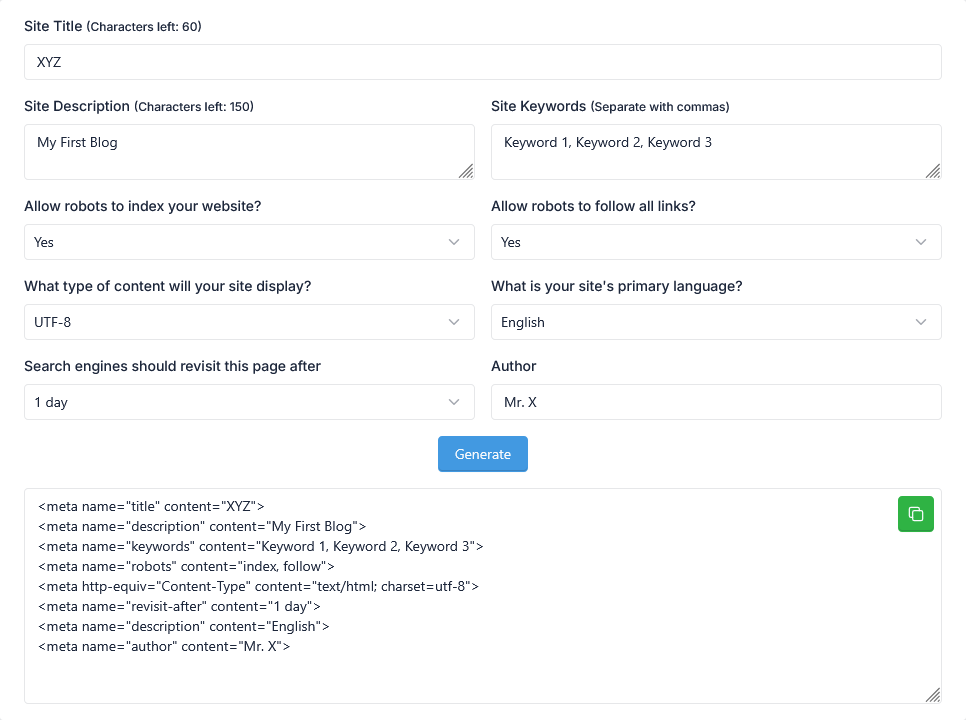 Meta Tag Generator Tool