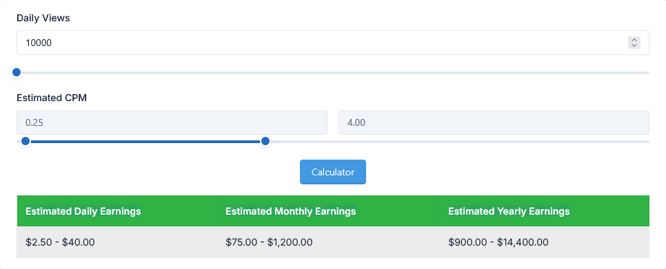 Interface de l'outil Calculateur de Revenus YouTube