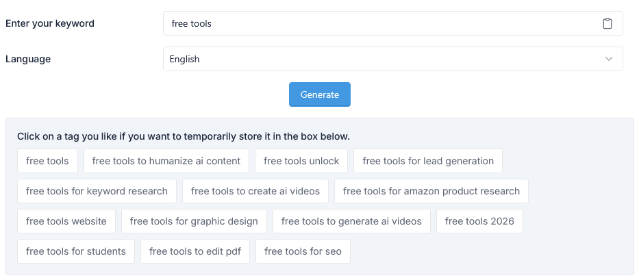 Interface de l'outil G&eacute;n&eacute;rateur de Tags YouTube avec saisie de mot-cl&eacute; et bouton de g&eacute;n&eacute;ration